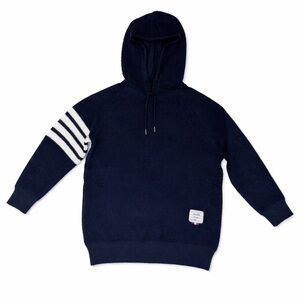 NWOT Qingswai Navy Knit Hoodie Sweater Preppy 4-Stripe Style Old Money Coastal